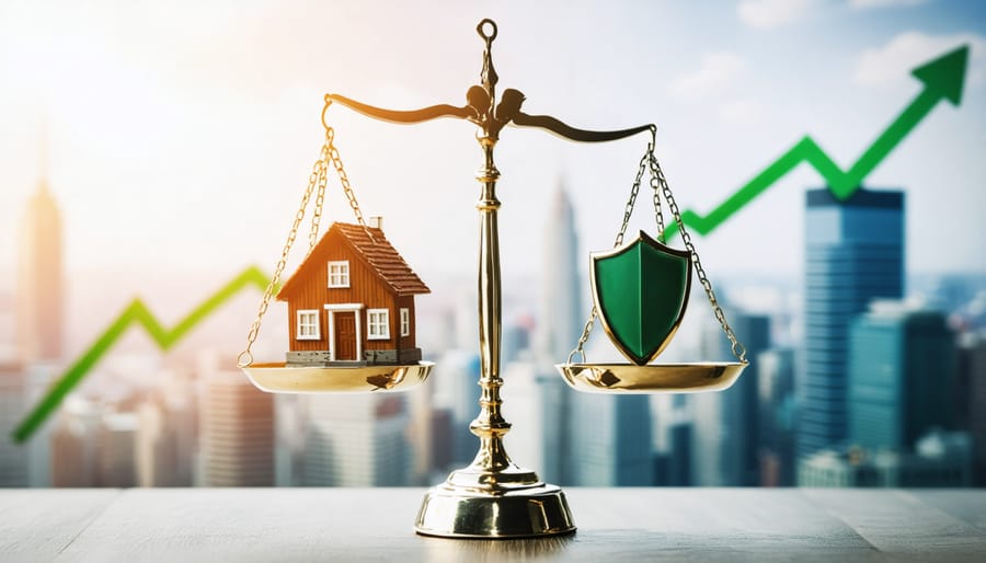 A set of scales balancing a house and a shield, symbolizing secure real estate investments with growth potential, set against a backdrop of a city skyline and growth charts.