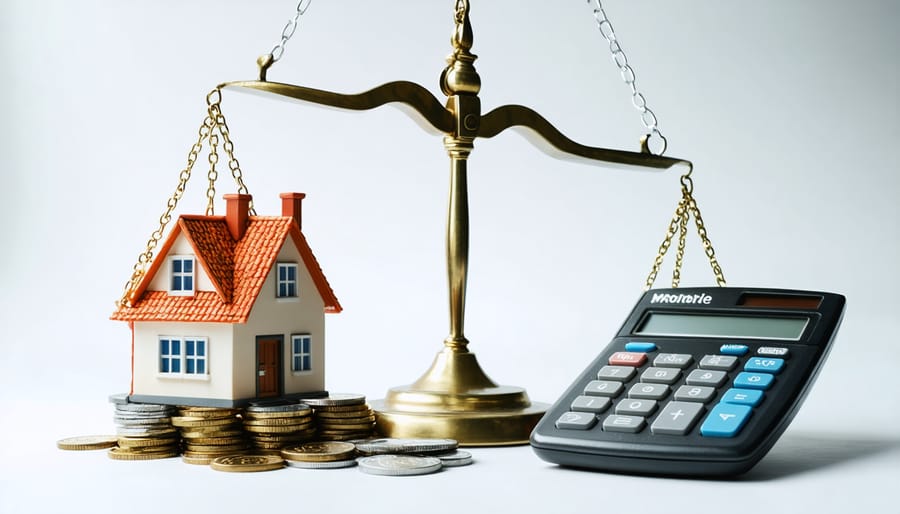 A balance scale with a house made of coins on one side and financial documents on the other, illustrating the balance of costs for first-time home buyers.