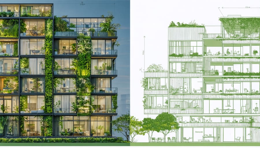 Split-view image showing a comparison between a traditional urban building and a biophilic-designed property. The biophilic side features lush living walls, ample natural light, and green spaces, illustrating the benefits of integrating natural elements into architectural design.