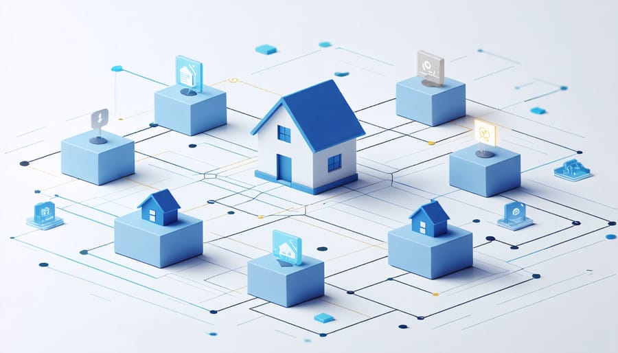 Digital illustration of blockchain technology connecting real estate transactions
