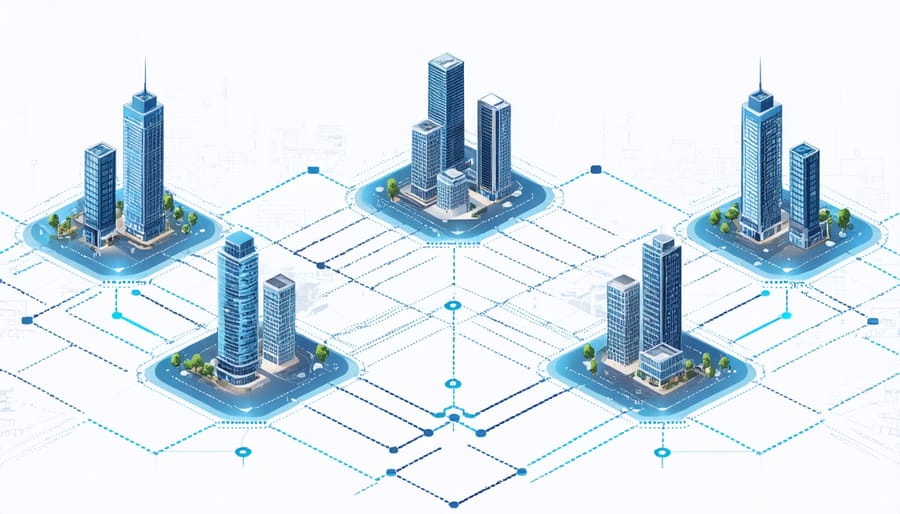 Network of interconnected buildings representing blockchain-based real estate transactions