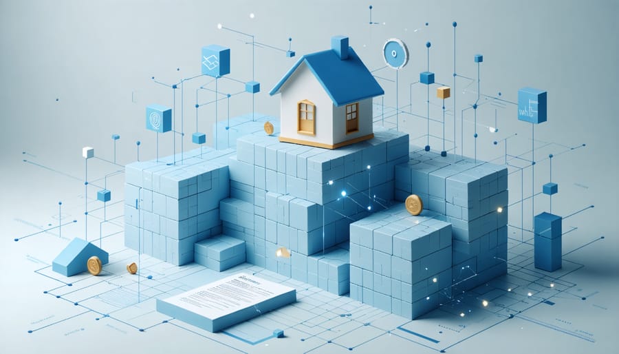 Digital illustration showing blockchain technology connecting real estate and insurance documents