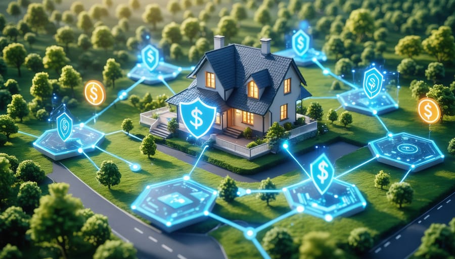 Illustration of blockchain technology securing real estate with smart contracts, symbolizing modern insurance processes.