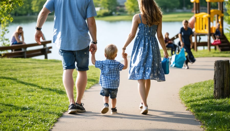 Parents and children at Burlington's lakefront park with skyline in background
