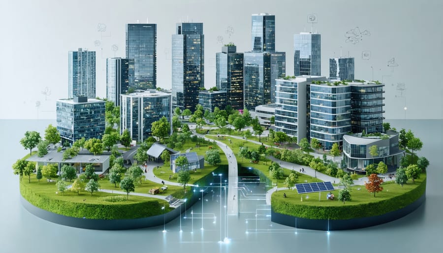 A modern eco-friendly building representing circular economy principles in real estate, showcasing solar panels, reclaimed materials, and innovative waste management systems that highlight sustainability and profitability.