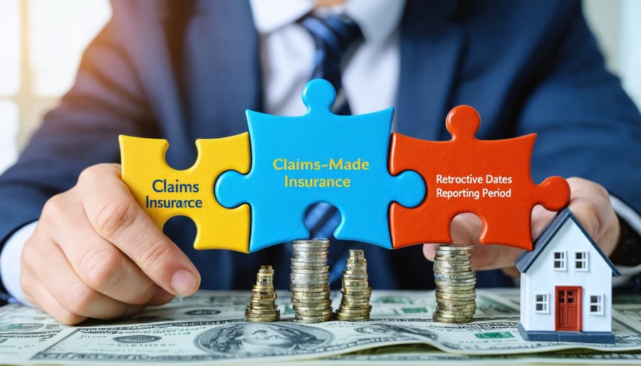 A conceptual image of a property investor arranging puzzle pieces labeled 'Claims-Made Insurance', 'Retroactive Dates', and 'Reporting Periods' against a real estate skyline, symbolizing strategic insurance planning for property investments.