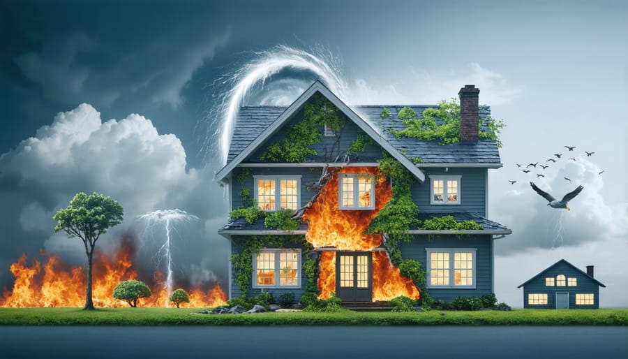 Conceptual illustration of a home amidst extreme weather icons, representing the impact of climate change on home insurance policies and resilience strategies.