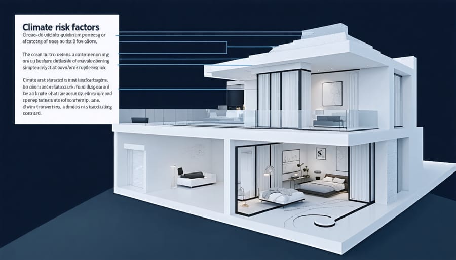 3D holographic display showing weather patterns, flood zones, and climate data around a house model