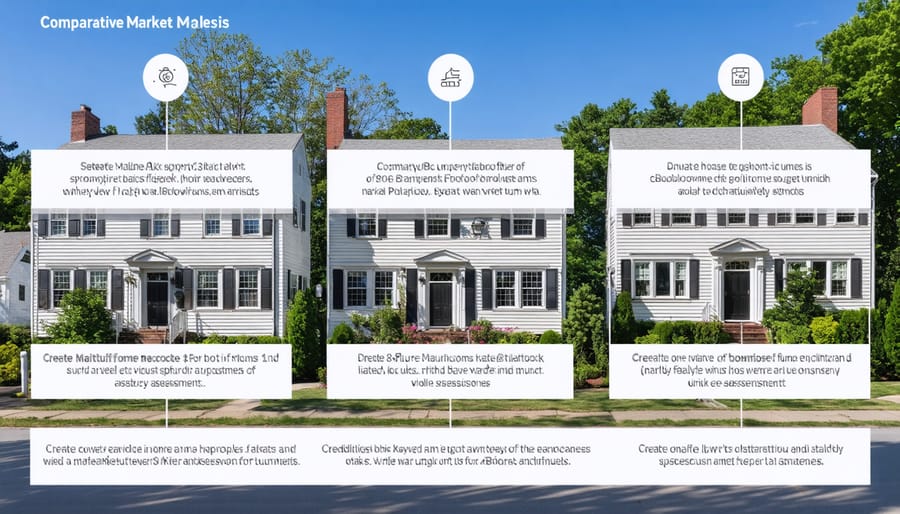 Illustration of a suburban Boston neighborhood showcasing colonial homes with overlay text indicating property features such as square footage, bedrooms, bathrooms, and upgrades, symbolizing the comparative market analysis process.