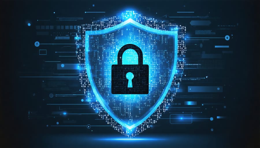 Conceptual illustration of a digital shield protecting real estate data, featuring binary code, a padlock, and a house icon symbolizing cybersecurity and insurance protection.