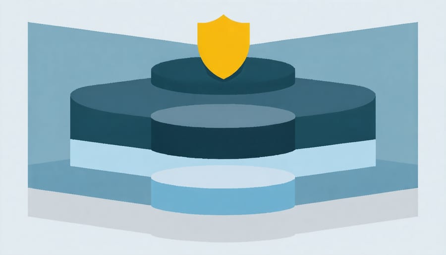 Multi-layer security diagram showing firewall, encryption, and insurance protection levels