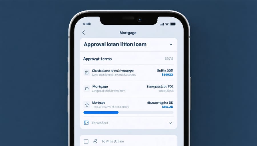 Digital mortgage application interface on smartphone showing instant pre-approval process