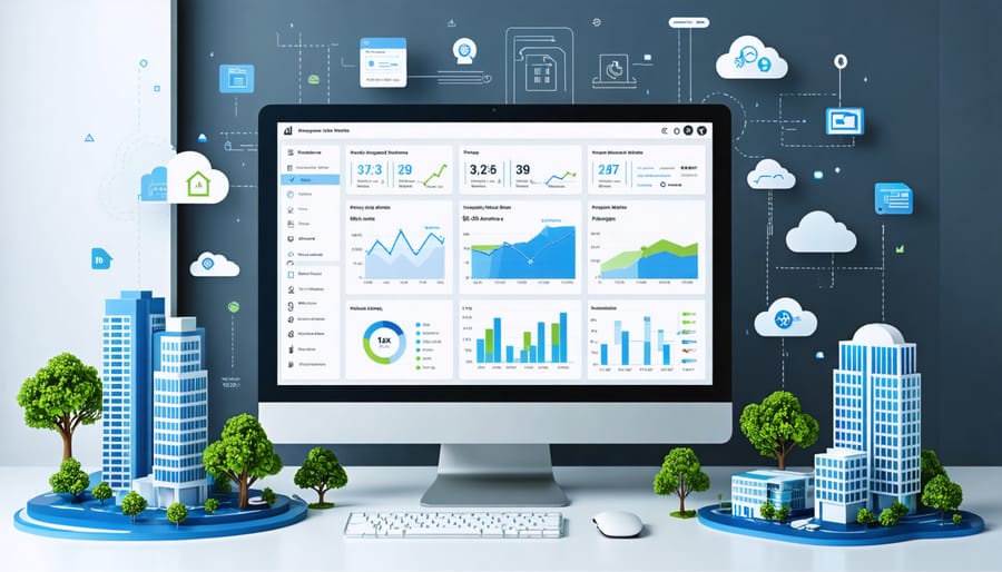 Conceptual illustration of a digital dashboard interface for property management, displaying financial data charts, tenant interactions, and maintenance requests, with technology symbols and cityscape in the background.