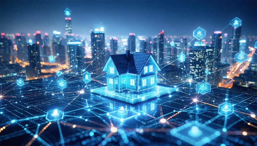 Futuristic digital illustration of a smart city with blockchain and data streams securing real estate transactions.