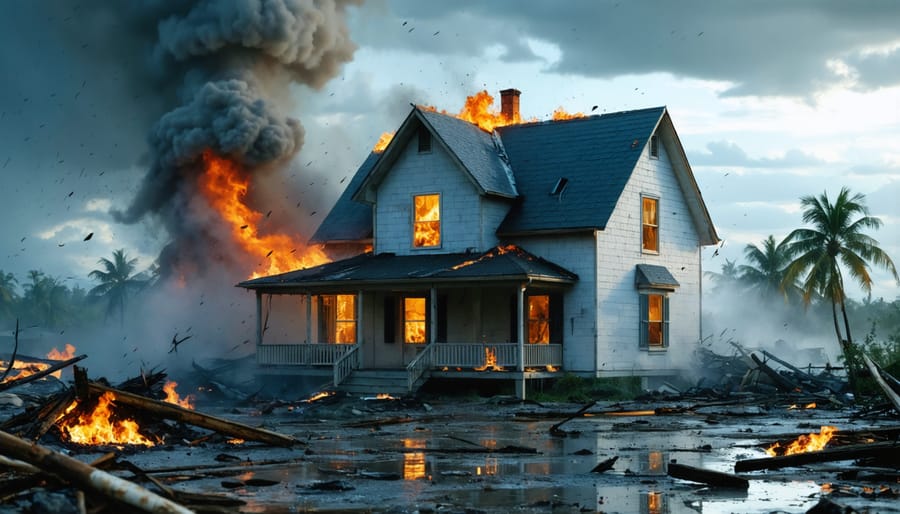 A resilient home fortified against natural disasters, featuring protective elements like storm shutters and reinforced roofing, surrounded by representations of hurricanes, wildfires, and floods.