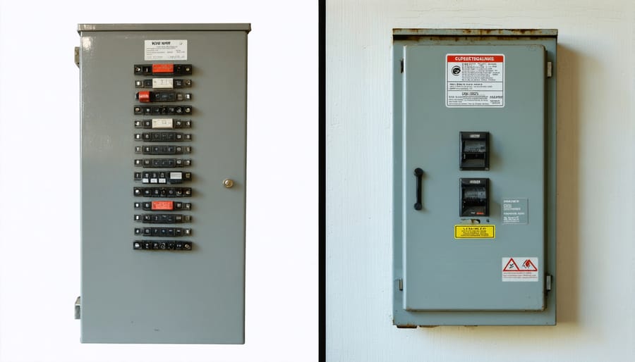 Side-by-side comparison of outdated fuse box and modern electrical panel highlighting safety improvements