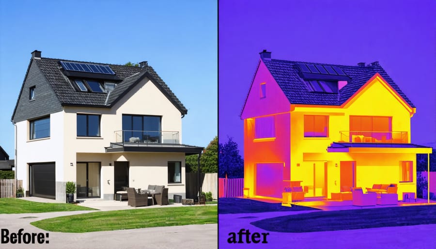 Side-by-side thermal images showing heat loss reduction after energy-efficient improvements