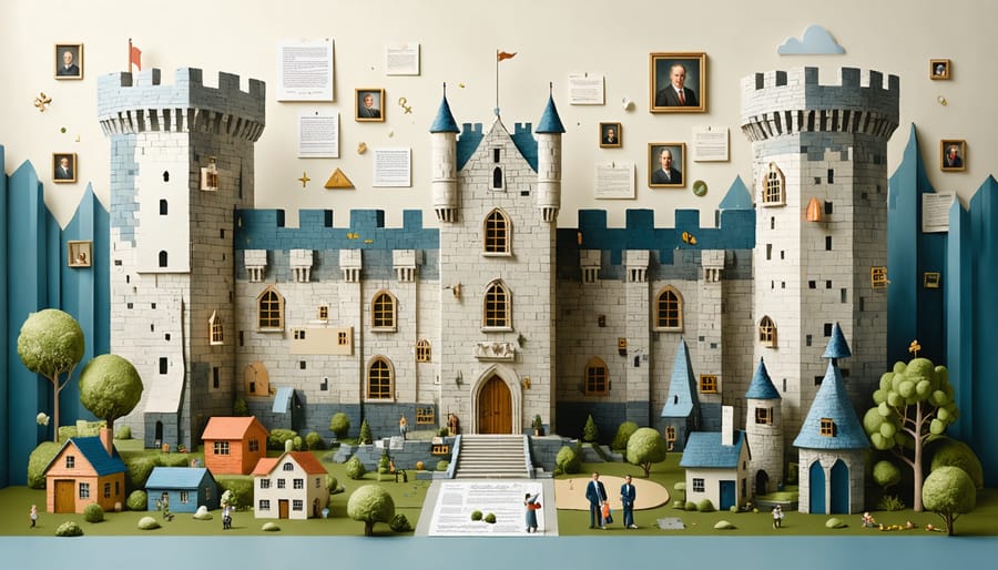 A conceptual illustration depicting a fortress built from elements such as houses, legal documents, and family pictures, symbolizing estate planning as a protector of one's legacy.