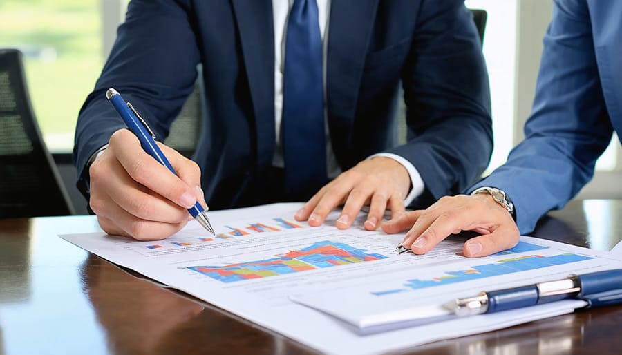 Estate planning professional discussing documents with client at desk with property portfolio visible