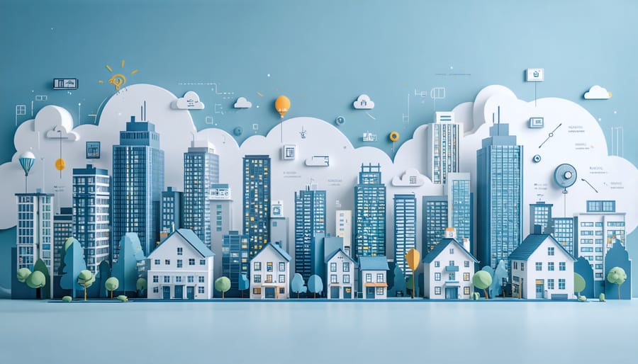Illustration depicting the dynamic changes in the real estate market, with urban apartments, suburban homes, rising interest rate symbols, and digital elements representing demographic shifts and remote work influences.