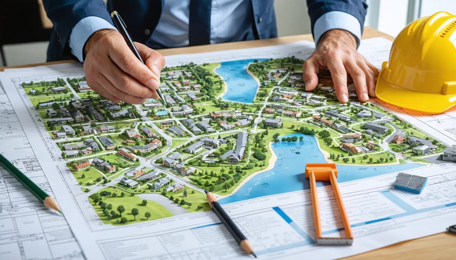 Conceptual illustration showing a real estate professional studying a flood zone map, surrounded by insurance documents and construction tools, representing FEMA property standards and disaster financing.