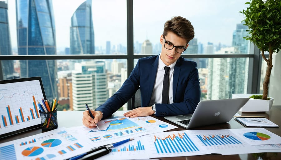 A young real estate student analyzing financial charts and property valuation data, symbolizing the impact of financial literacy on real estate career success.