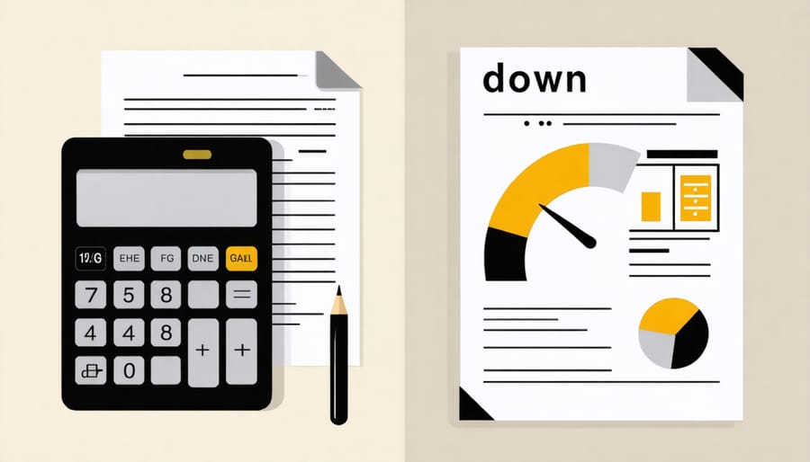 Financial documents including calculator and credit score report for home buying preparation