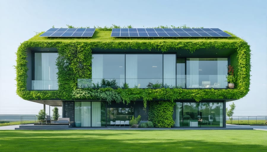 Eco-friendly commercial building featuring solar panels, green roof, and energy-efficient windows