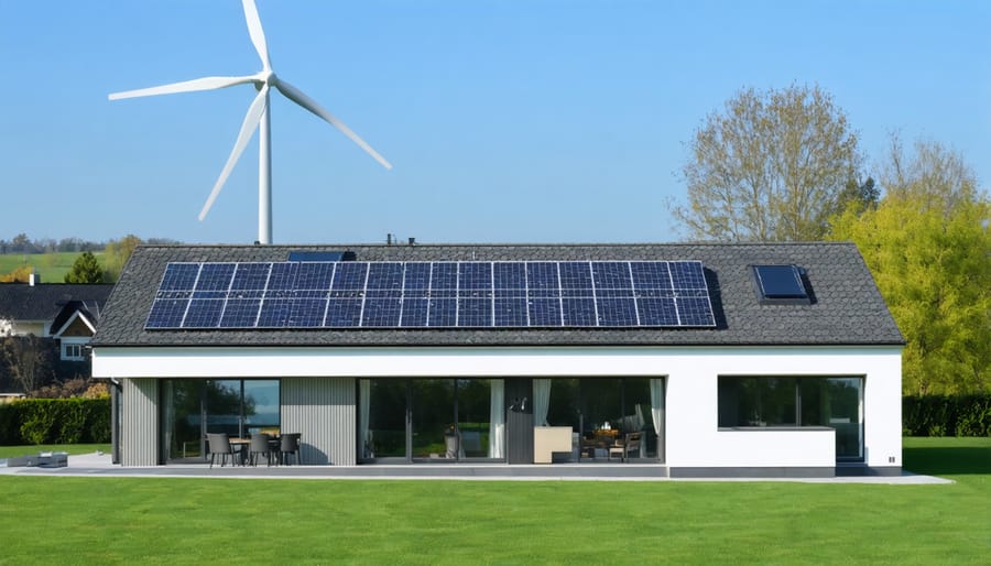 Residential property showcasing multiple renewable energy systems including solar panels and wind turbine