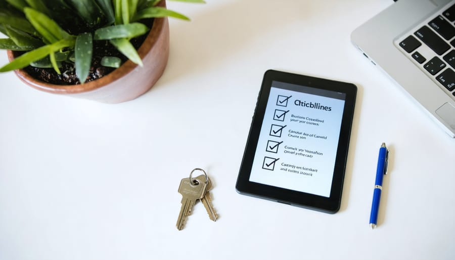 Home buying checklist on digital tablet with new house keys