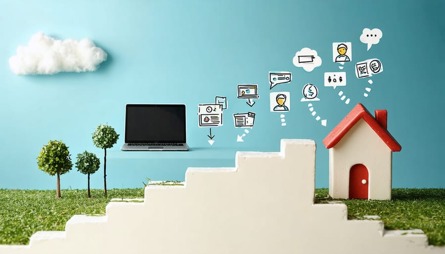 Conceptual image depicting the homebuying journey, from online learning on a laptop to acquiring a home, with icons representing savings, certificates, and negotiation strategies.