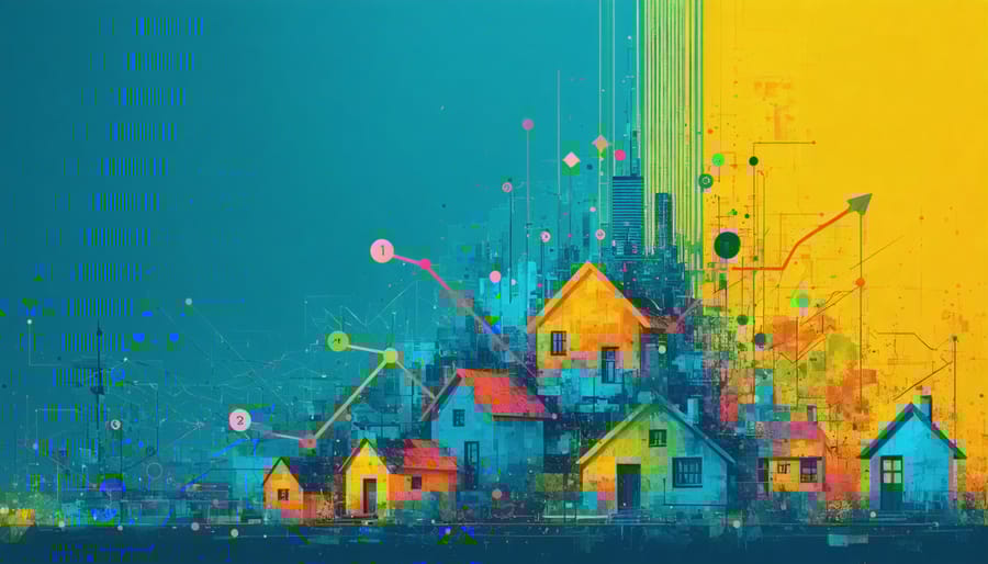 Conceptual illustration depicting the 2024 U.S. housing market dynamics, highlighting the interplay of pricing trends, interest rates, and inventory levels, represented through abstract graphs and housing icons.