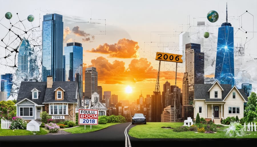 A transformative collage illustrating the highs and lows of the American housing market from 2000 to 2023, showcasing significant events like the 2006 boom, the 2008 recession, and the pandemic-driven surge, with elements of technology and sustainability symbolizing future trends.