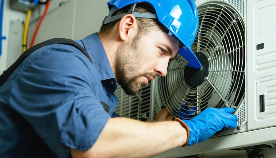 Professional HVAC technician inspecting and maintaining home heating and cooling system