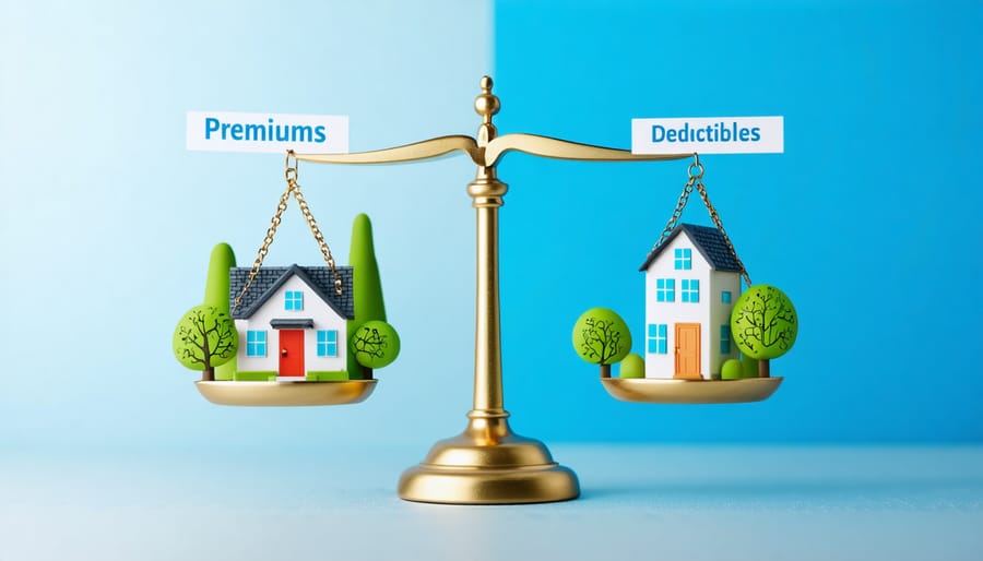 Balanced scale with the words "Premiums" and "Deductibles," with a house and commercial building in the background, illustrating strategic decision-making in property insurance.