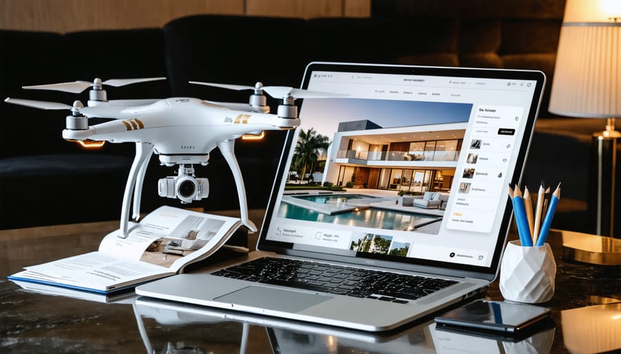 A collaged scene depicting elements of a luxury real estate marketing campaign, featuring a virtual tour on a digital device, aerial drone capturing a modern luxury home, and an upscale property brochure.