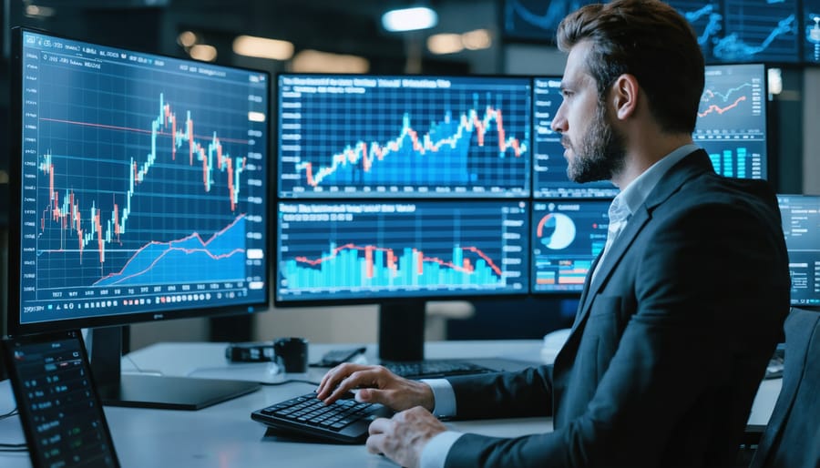 Real estate professional analyzing property market trends and financial data on computer screens