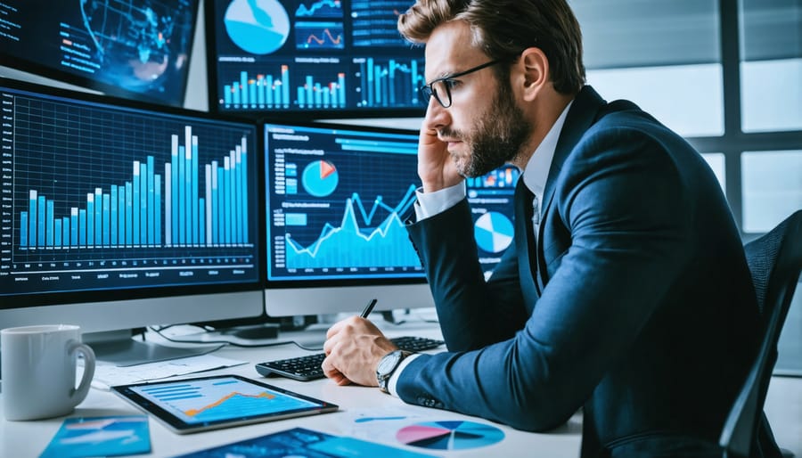 Real estate investor analyzing market risk data through digital charts and graphs