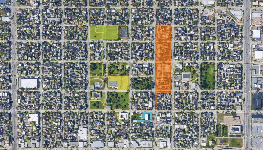 Aerial view of an urban neighborhood with distinct micro-markets, showcasing varied property types and amenities including parks and schools.
