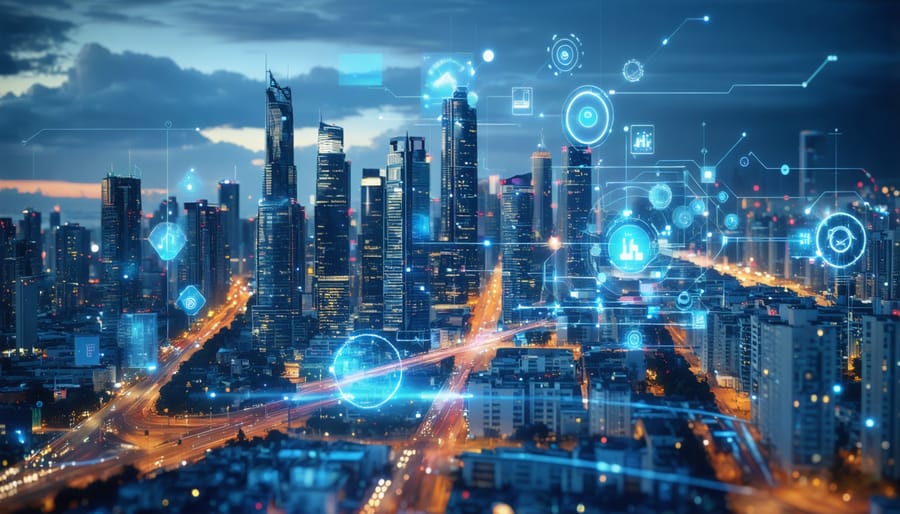 Futuristic cityscape with digital twin models and smart building overlays depicting advanced real estate technology innovations.