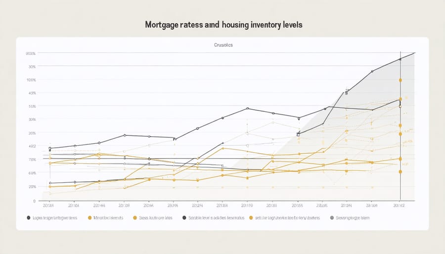 Dual-axis chart showing relationship between mortgage interest rates and housing inventory