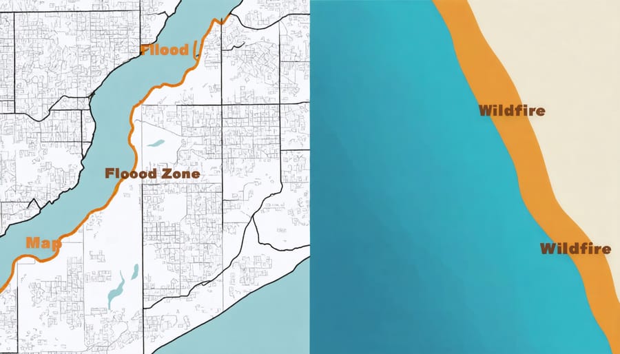 Composite map showing flood and wildfire risk zones for real estate assessment