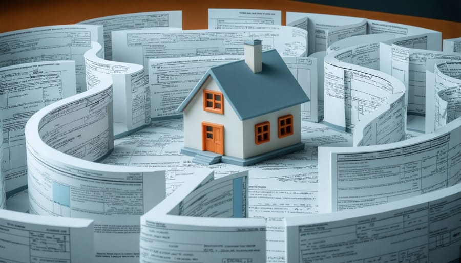 A real estate professional skillfully navigating a house-shaped maze made of tax forms and real estate documents, representing the strategic approach to qualify for NIIT exemptions.