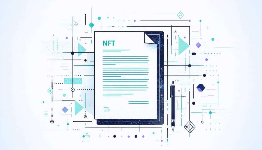 3D illustration showing a traditional property deed morphing into a digital NFT token
