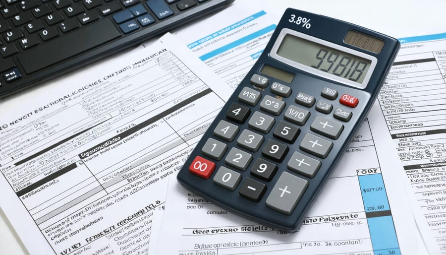 Calculator showing 3.8% NIIT rate with tax documents