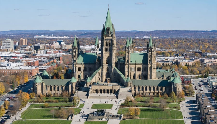 Panoramic view of Ottawa showing Parliament buildings, parks, and residential areas