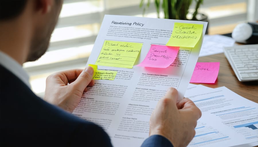 Real estate professional analyzing insurance policy documents with key sections highlighted