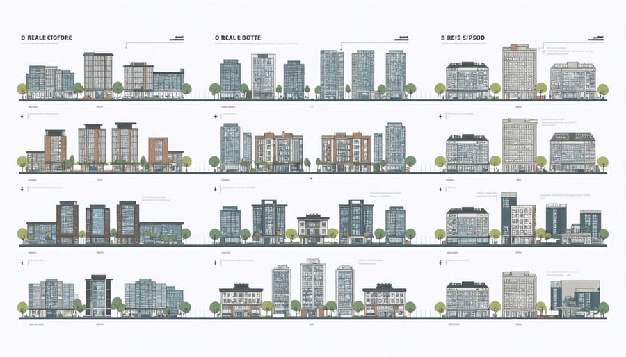 Infographic showing diverse property types including residential, commercial, and industrial buildings