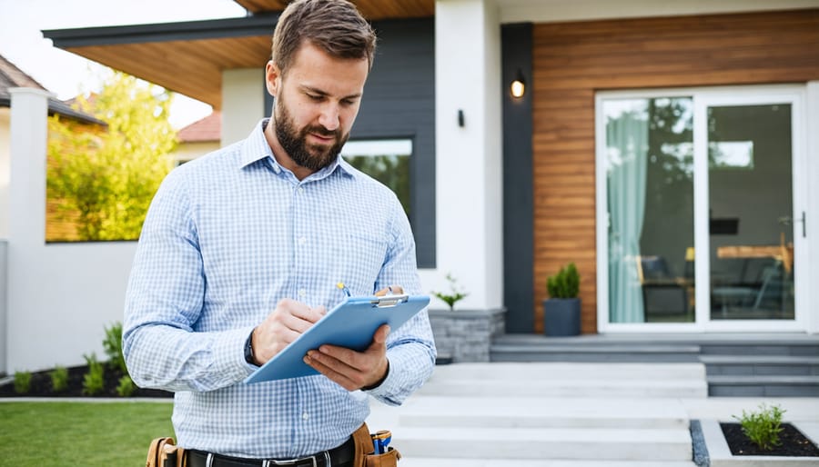 Tax assessor conducting property assessment of a single-family home