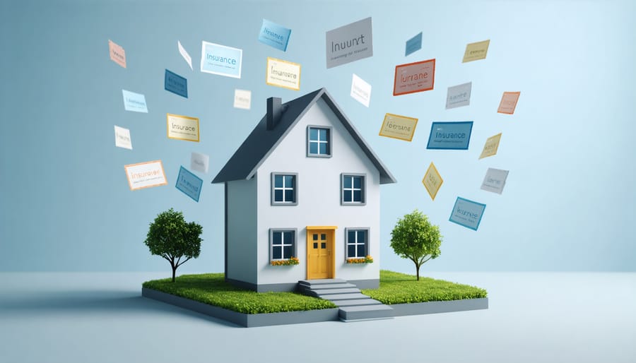 Conceptual visualization of different property insurance policies surrounding a house